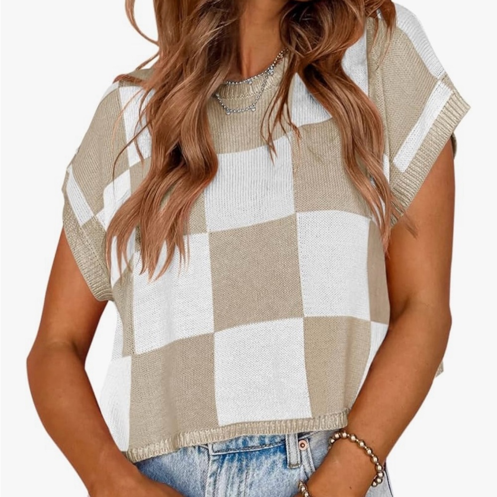 Amazon Beige and White Plaid Women's Blouse